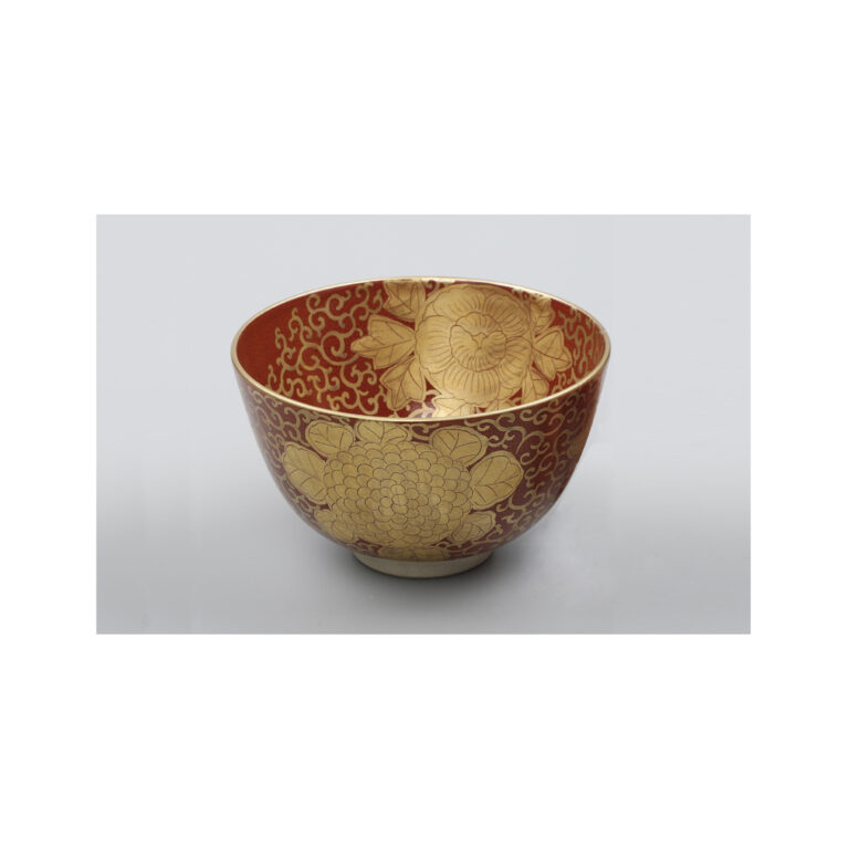 日本早期 赤繪金襴手 珊瑚紅地 釉裡金彩 過墻 纏枝花卉碗