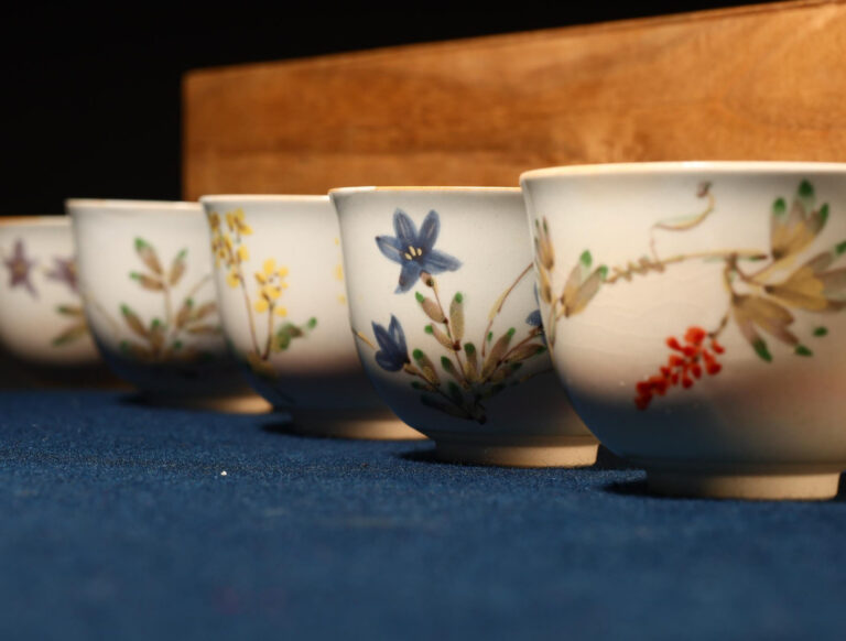 日本 平安橘吉 手繪花卉煎茶杯 五杯一套