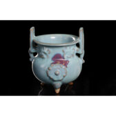 古陶瓷 鈞窯 天青釉紫斑 沖耳三足爐