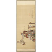 重彩水墨絹本(工筆) 立軸 東坡捧腹圖 清代喻蘭原本 平井連山 長原梅園 姊妹合作摹本 庚午 1870