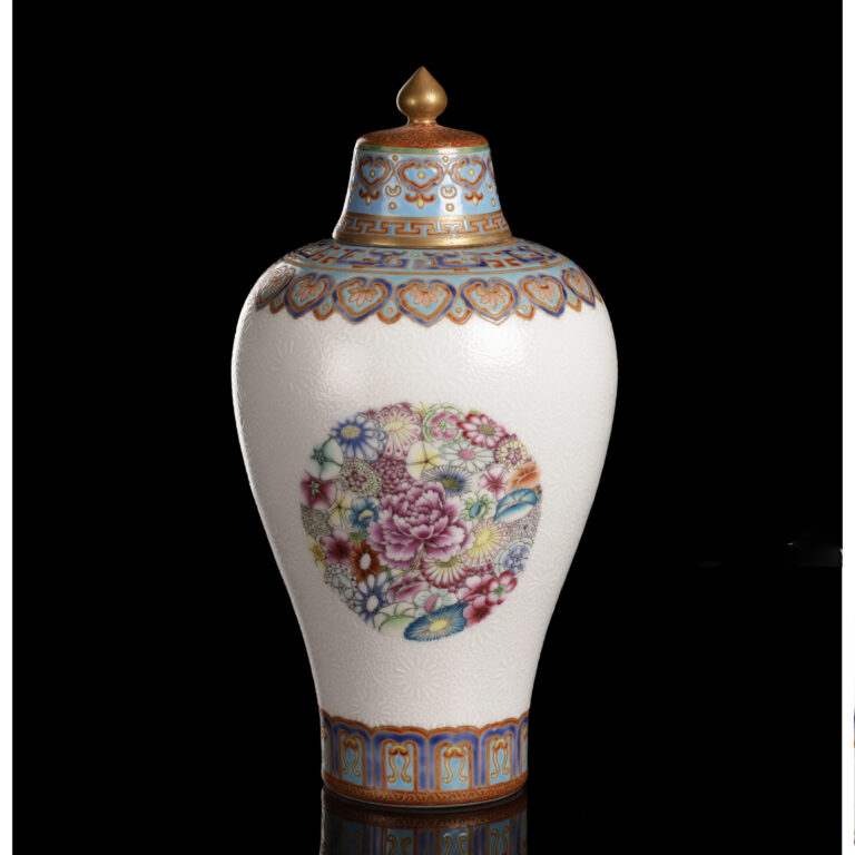 古陶瓷 粉彩 團花紋 錦上添花 百花不落地 帶蓋梅瓶 款大清雍正