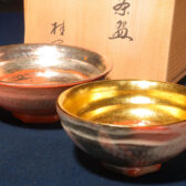 日本茶道 桂窯 嶋台茶碗 赤樂內金銀