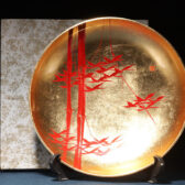 日本 木胎漆器 金箔赤竹繪大茶盤